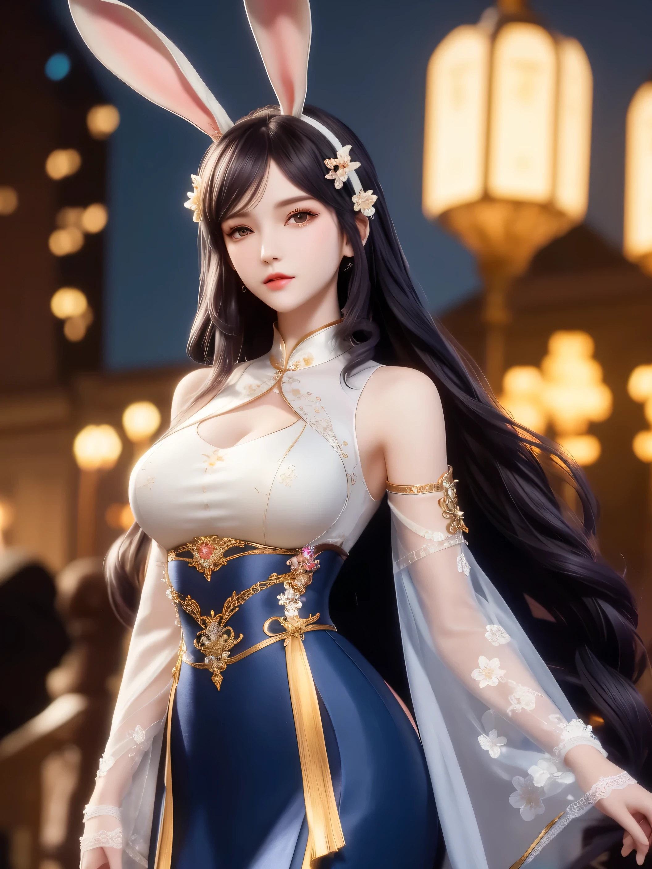 1girl,mature female, looking at viewer, cityscape, night, hair ornament, long hair, fake animal ears, skirt,shirt,clothing cutout, rabbit ears, detached sleeves,A lovely beautiful girl,lovely and delicate,Peerless beauty,Delicate hair accessories,pitying,(messy hair),Costume in lace,Supple skin,Fashionab,A delicate painting,Clover hairpins,Blue,Ultra-high image quality,8K,depth of fields,(Macro lens),Ambient lighting,high light,Upper body animation style,Comics,High quality above the waist
