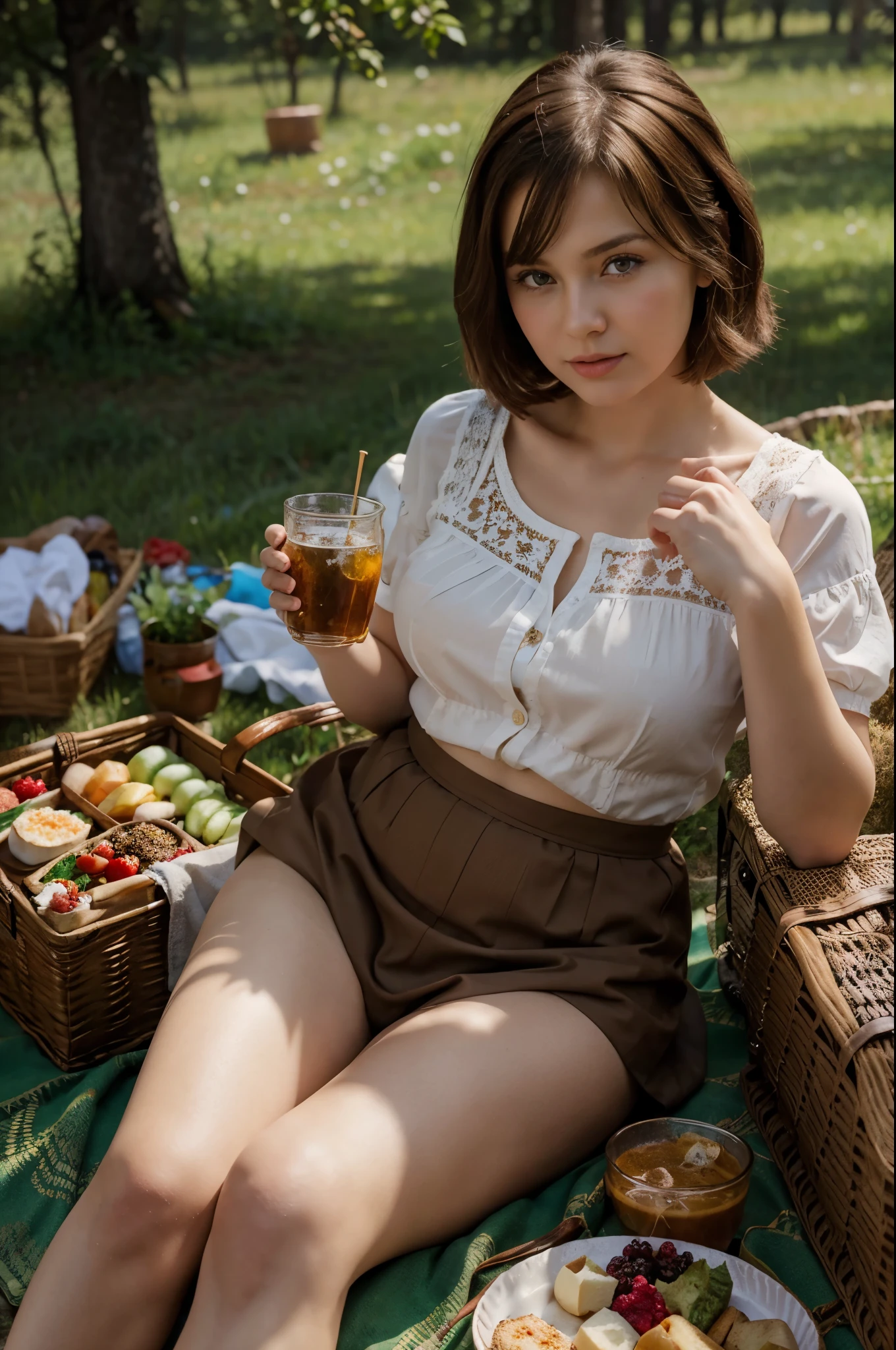 (best quality, 8k, highres, photorealistic:2.0), (solo, one girl:2.0),(Take a photo with a flash:1.5),(ultimate beautiful girl:2.0),(shiny skin),(oily skin),(blonde girl:1.5),(short hairstyle:1.5),(beauty:2.0),Blush brown makeup , dark eye makeup , use pink glossy lipstick,(big beady eyes girl:1.5),(droopy-eyed girl:1.5),(thin girl:1.5),(baby face girl),(sex appeal),(sweet smelling girl),(Photographed in the grassland:1.8),(woman enjoying a picnic:2.0),(she works for low wages:1.5),(kind-hearted woman:1.5),(she has a nice smile:1.3),(she is very sociable),(from a very poor family:1.5),(virgin girl),(She is a secret pervert.),(she covertly lewd),(she looks so erotic),(Preserve virginity for devout Christians),chuuChloe,(wearing neat casual dress:1.5),(Breast cleavage emphasis),(A woman with very soft breasts),(woman fantasizing about sex:1.5)