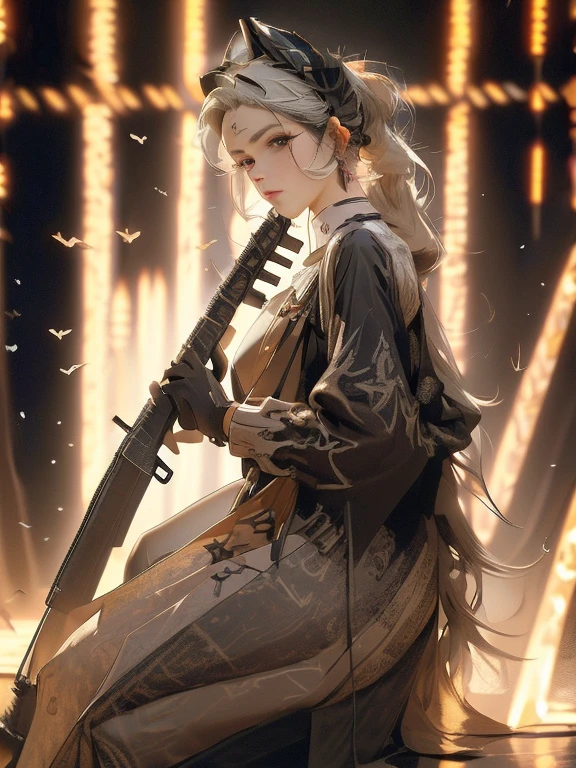 A masterpiece full body image of a woman wearing high heels with a long sleeve short black dress posing with her sniper rifle (Barrett .50). She is on top of an old European building. Cinematic lights, high detail, 4k image of uality