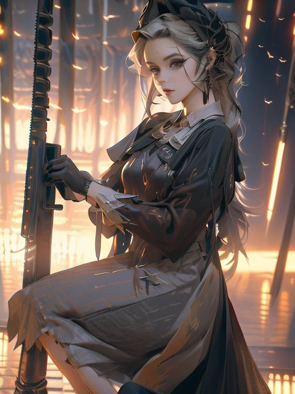 A masterpiece full body image of a woman wearing high heels with a long sleeve short black dress posing with her sniper rifle (Barrett .50). She is on top of an old European building. Cinematic lights, high detail, 4k image of uality