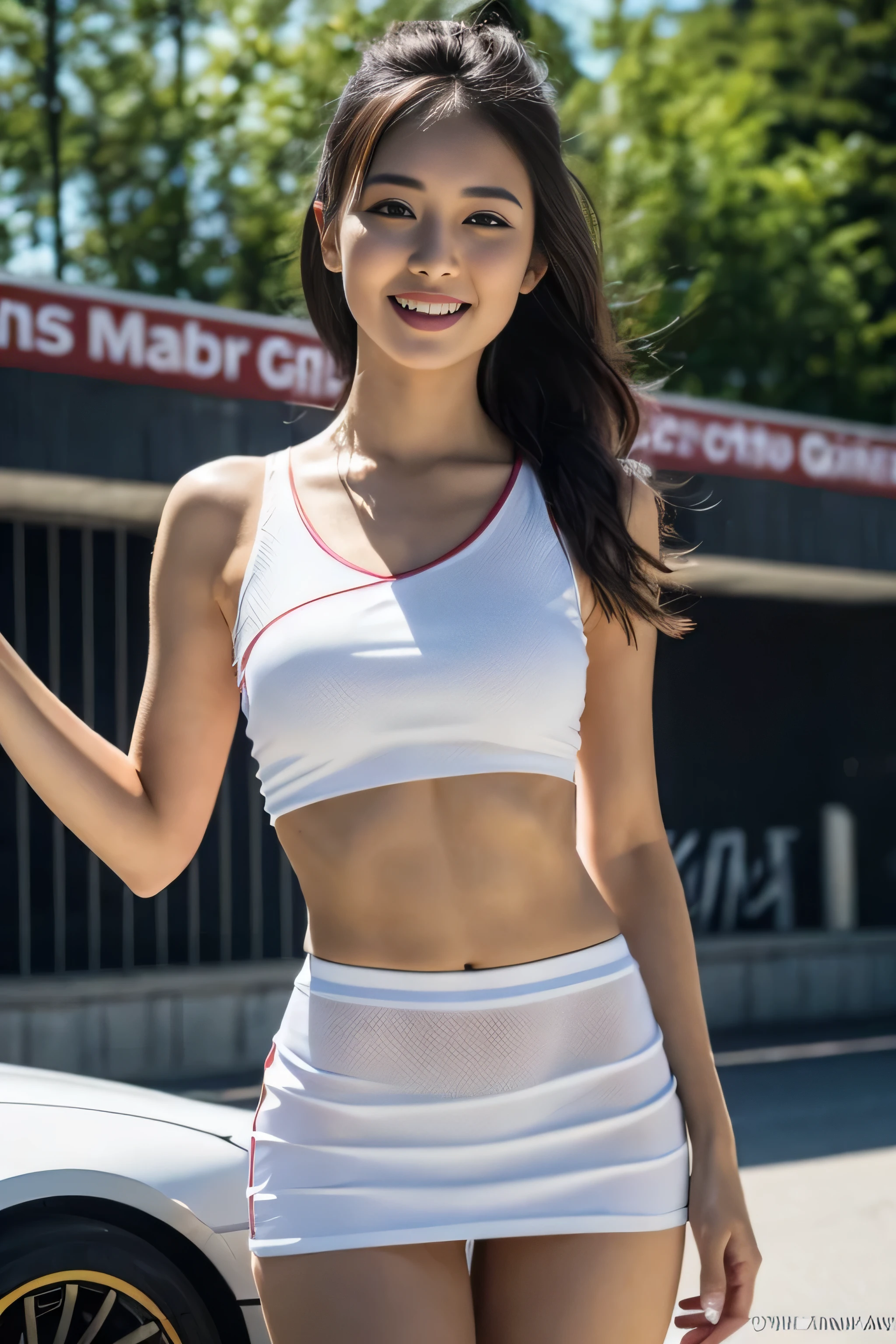 (((one shoulder gridgirl costume))),(((midriff peek))),(((show underboob ))),(((bare inner thigh))),(((show Formula One car))),ulzzang-6500-v1.1, (Raw photo:1.2), (Photo realistic:1.4), a beautiful detailed girl, extremely detailed eye and face, beautiful detailed eyes, ultra-detailed, High resolution, top-quality, masterpiece, highly detailed, 8k wallpaper, Wonderful, finely detail, top-quality, Light on the face,电影灯光,1girl in,(auto race track),Beautiful eyes,smile,Opening Mouth