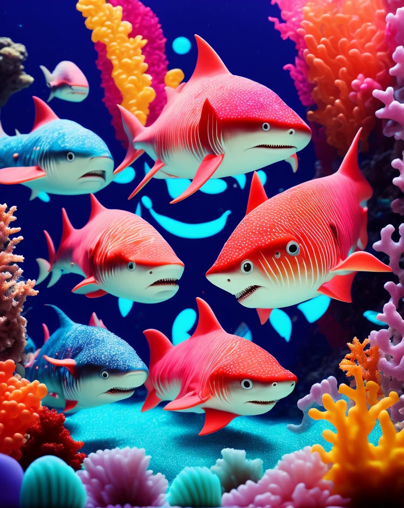 The Stable Diffusion prompt for the theme "Sharks OF CANDY" could be as follows:
Candy sharks swimming in a vibrant underwater world, surrounded by colorful coral reefs and playful fish. Sparkling sugar-coated scales glisten under the (best quality,4k,8k,highres,masterpiece:1.2) lighting, creating an ultra-detailed and (realistic,photorealistic,photo-realistic:1.37) scene. The candy sharks have delightful expressions, with bright eyes and smiling lips, showcasing their sweet tooth. The candy textures give them a delicious and tempting appearance. The candy ocean is filled with (vivid colors, HDR) and a dreamlike atmosphere, creating a mesmerizing and whimsical ambience. The sharks move gracefully through the water, their movements creating swirls and patterns in the sugary depths. The whole scene is illuminated by a soft, warm glow, reminiscent of sunset, adding a touch of magic to the candy-filled world.
Please note that this prompt is just a starting point, and you can add or modify the details to further enhance the visual representation within the given theme.