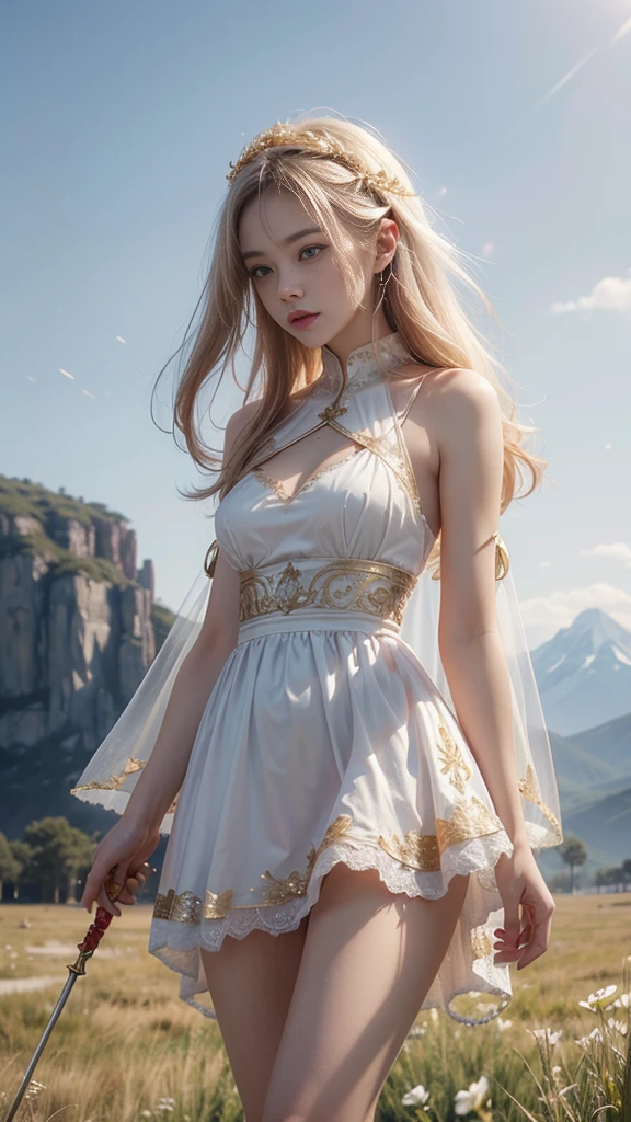 Young woman, White lace dress, (thin), hair, (hairสีรุ้ง, hairตรง, hairยาวมาก), milk, (big breasts, เต้าmilkใหญ่, breast augmentation), shape, (small waist, ร่างกายthin), (majestic, Charming Succubus), (Short white dress, tight fitting, gold pattern), (Red coat, floating cloak), (Low angle shot, Walking Pose), (sky backdrop, cliff, meadow), (holding sacred weapons), CG, Realistic resolution, 8K