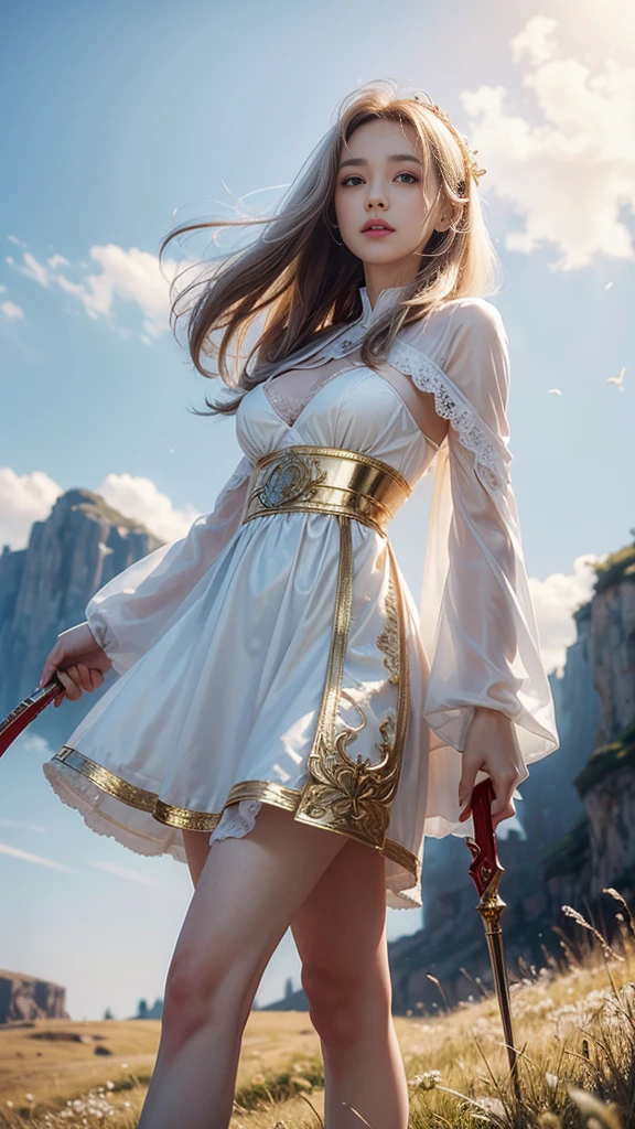 Young woman, White lace dress, (thin), hair, (hairสีรุ้ง, hairตรง, hairยาวมาก), milk, (big breasts, เต้าmilkใหญ่, breast augmentation), shape, (small waist, ร่างกายthin), (majestic, Charming Succubus), (Short white dress, tight fitting, gold pattern), (Red coat, floating cloak), (Low angle shot, Walking Pose), (sky backdrop, cliff, meadow), (holding sacred weapons), CG, Realistic resolution, 8K
