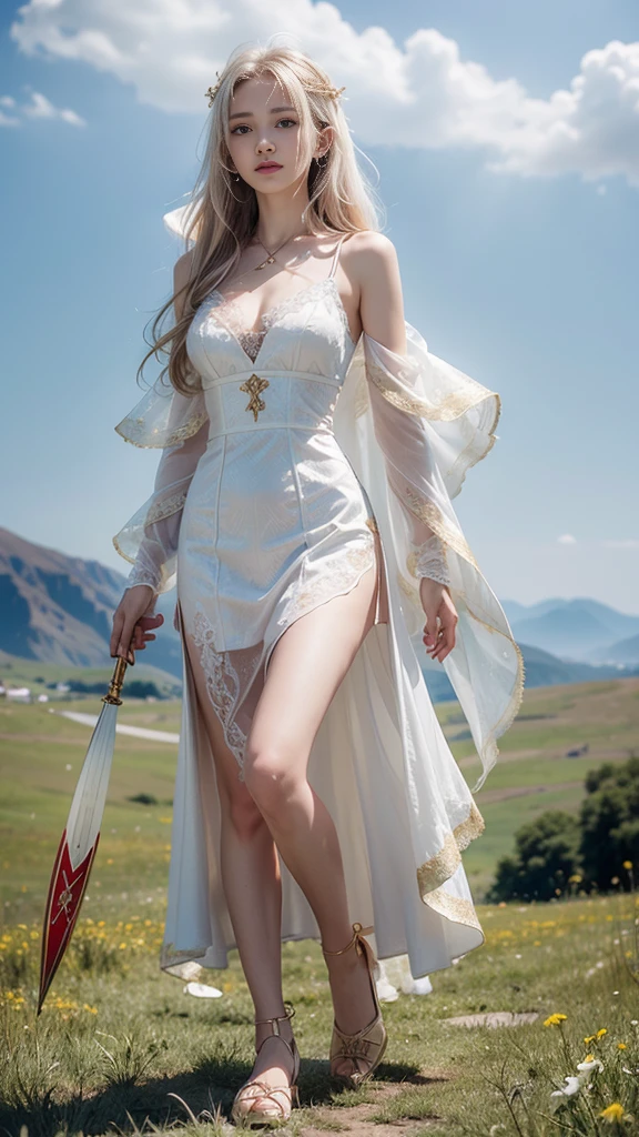 Young woman, White lace dress, (thin), hair, (hairสีรุ้ง, hairตรง, hairยาวมาก), milk, (big breasts, เต้าmilkใหญ่, breast augmentation), shape, (small waist, ร่างกายthin), (majestic, Charming Succubus), (Short white dress, tight fitting, gold pattern), (Red coat, floating cloak), (Low angle shot, Walking Pose), (sky backdrop, cliff, meadow), (holding sacred weapons), CG, Realistic resolution, 8K