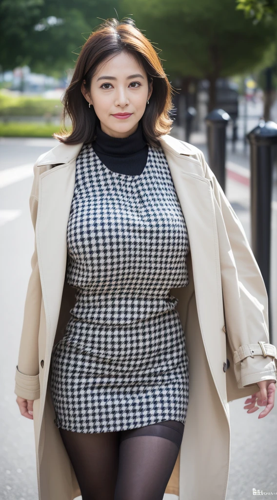 best quality, High resolution, Hires, skin definition, detailed skin, detailed eyes, detailed face, 4K, 日本人mature woman, ((solo)), (((50 years old))), (wrinkles at the corners of the eyes:1.６), (nasolabial folds:1.７), mature woman, sex appeal, sexy, fair skin, ((wavy long hair)), Looking at Viewer,(((my skin is old))), ((muscles are old)), (((very large breasts:1.28))), ((loose breasts)), (flaccid butt), ((japanese model)), 4K, (photoReality:1.5), Reality, ticker, Beautiful, Bimbo, Perfect makeup, eye make up:1.9, small diamond necklace, earrings, {((Brown trench coat)), (((white undershirt))), (Houndstooth plaid tight skirt), (black long boots )}, smile, Public place,full body photo,