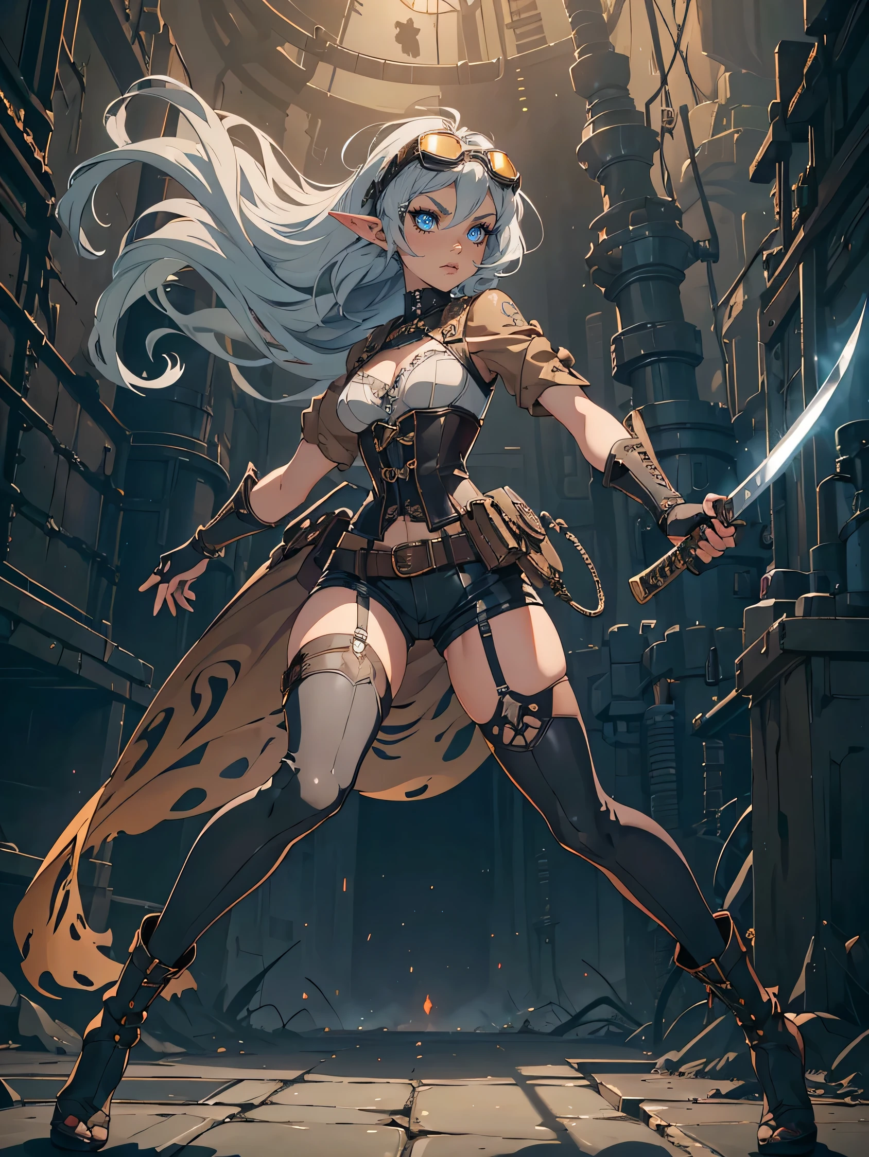 masterpiece, high quality, inside underground cave, 1_woman, ((full body)), mid-jump, mid-air, ((holding japanese katana in hand)), (exotic skin_complexion:1.4),mature, leaping at camera, tall, beautiful, exotic, with long elf ears, looking to the side, long hair, silver hair, detailed face, angry expression, anime fight pose, having diamond shaped eyes, blue eyes, (dark_eyeliner), long_eyelashes medium_bust, thigh gap, wearing Steampunk corset, chest window, (brown shorts), crossing belts, (goggles on head), red tinted goggle lenses, long fingerless_gloves, belts with metal gears, making fist, black thigh highs with embroidery, knee boots with laces, dynamic lighting casts detailed shadows