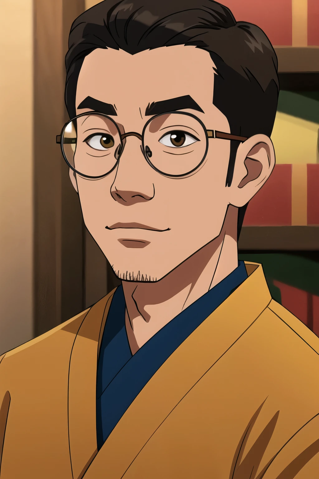 Man with glasses, Round glasses, Short hair, an Asian