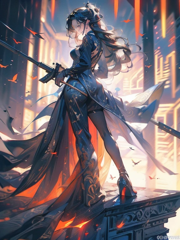 A masterpiece full body image of a woman wearing high heels with a long sleeve short black dress posing with her sniper rifle (Barrett .50). She is on top of an old European building. Cinematic lights, high detail, 4k image of uality