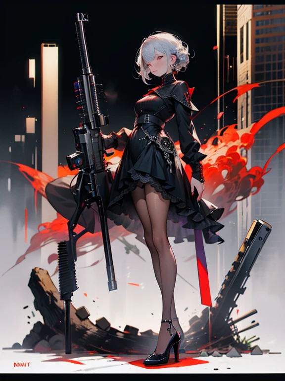 A masterpiece full body image of a woman wearing high heels with a long sleeve short black dress posing with her sniper rifle (Barrett .50). She is on top of an old European building. Cinematic lights, high detail, 4k image of uality