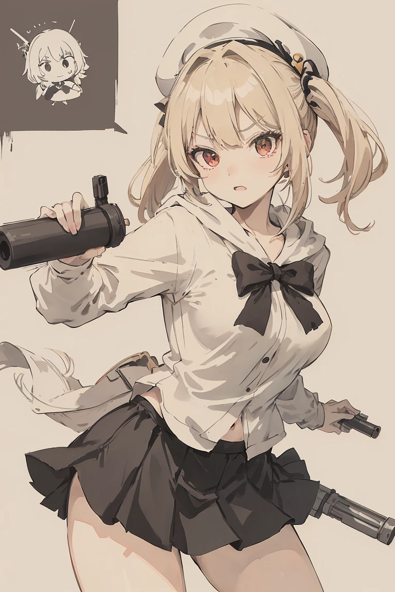 sparrow, a blonde haired girl, wearing a white hoody, medium hair, messy hair, black skirt, yellow hoody, slim body, she have a gun, medium breasts, she close her left eye, shirt ornament, lolippai, white beret, angry face, beautiful breasts, rounded breasts, red eyes, twintail