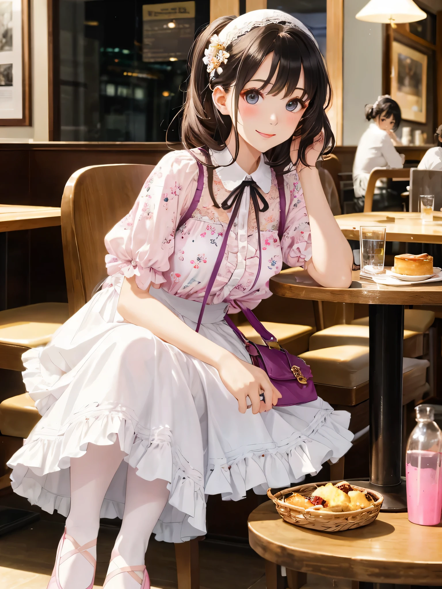 (8K, RAWphotograph, highest quality, masterpiece:1.2), 高精細な RAW カラーphotograph,
18 year old beautiful girl,photograph,realistic,whole body,intricate details,perfect skin,huge breasts,cute hairstyle,
Have a stylish lunch on a date or at a cafe,
Pair it with a cute blouse or knit and a flared skirt or dress.。,
For your feet, Choose heeled pumps or ballet shoes, Emphasize your femininity with accessories such as small basket bags and ribbons..。,
pastel colors and floral patterns,Incorporating lace and frill details creates a romantic and cute impression..。