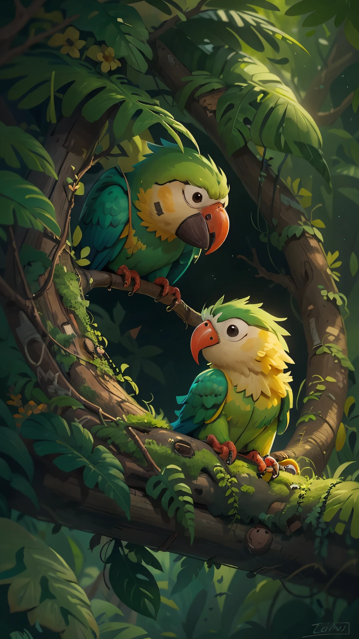 it's late at night,Cute parrot is sleepy,it closes its eyes,Sleep in a warm bird's nest,。goodnight,Parrot。close up, Pixar style, best quality, stills, very cute,at night,Night's,Rainforest, high details, high quality, masterpiece, ccurate, super detail,