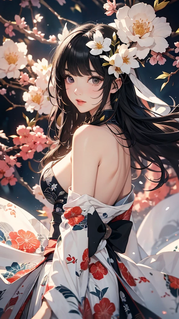 ((Highly detailed CG unit 8k wallpaper, masterpiece, High resolution, highest quality, highest qualityのリアルテクスチャスキン)), ((very beautiful woman, Nana Komatsu, Figure facing forward with hands clasped behind the back:1.5, plump lips, Japanese pattern kimono)), (messy black hair, white skin, small breasts), ((and handle background, Colorful background with geometric patterns)), Sumi-e, hyper realistic, digital painting, concept art,