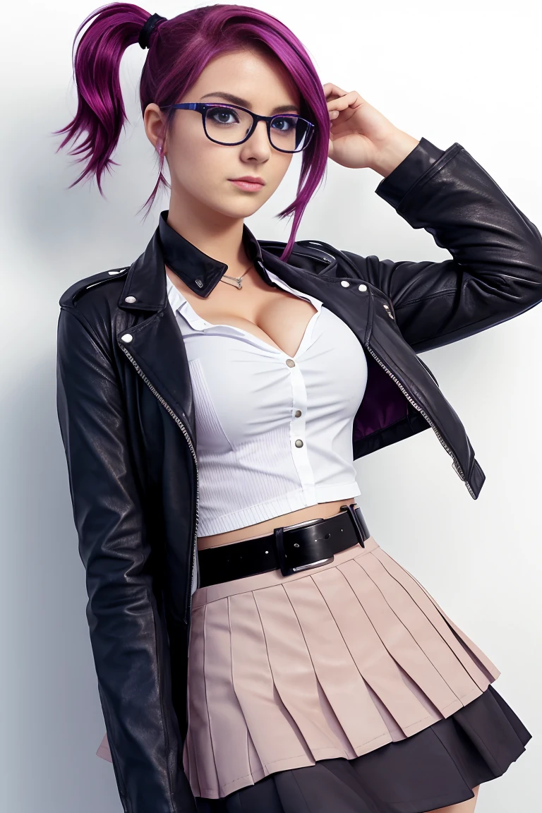 25 year old european woman with magenta hair in a short ponytail dressed in a schoolgirl outfit with leather miniskirt, cleavage, belt, glasses. Blue eyes with eye liner. Neutral background