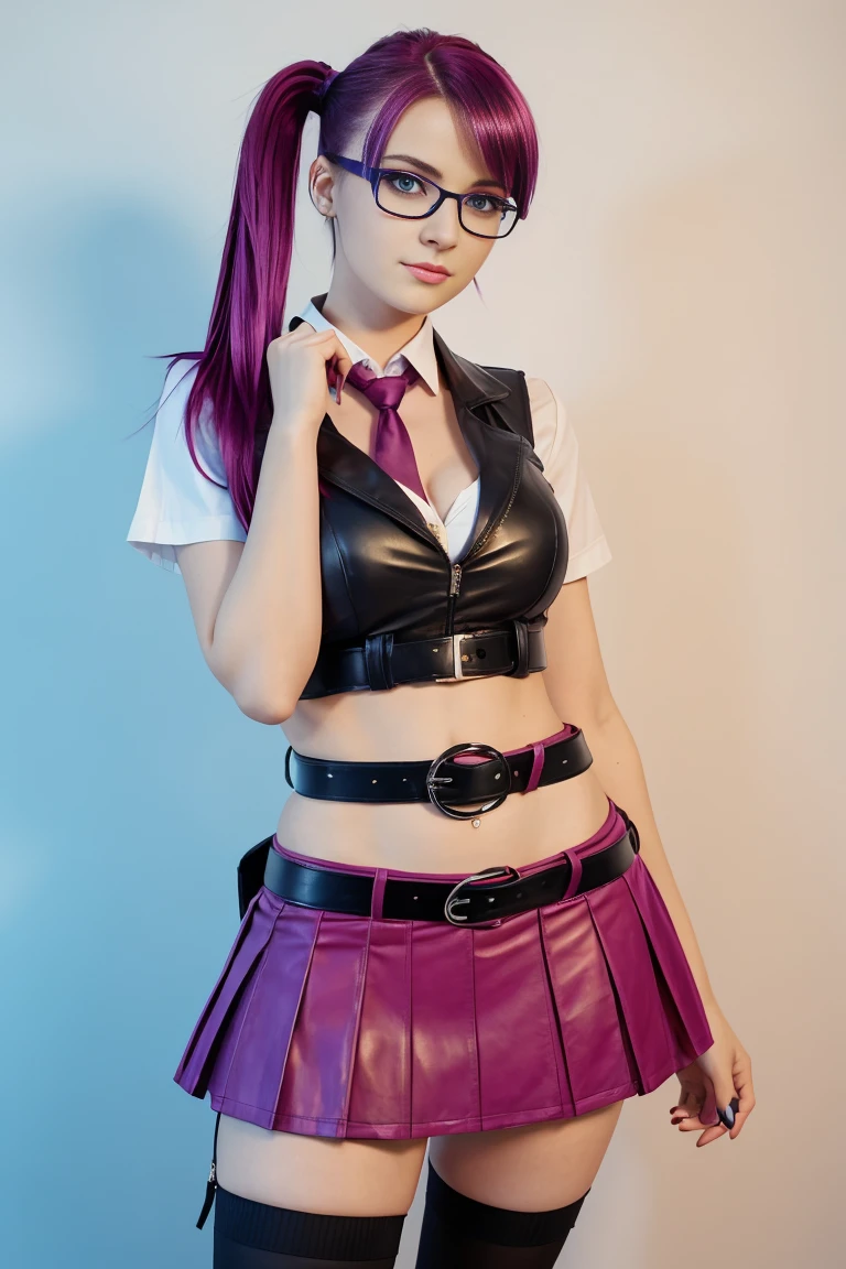 25 year old european woman with magenta hair in a short ponytail dressed in a schoolgirl outfit with leather miniskirt, cleavage, belt, glasses. Blue eyes with eye liner. Neutral background