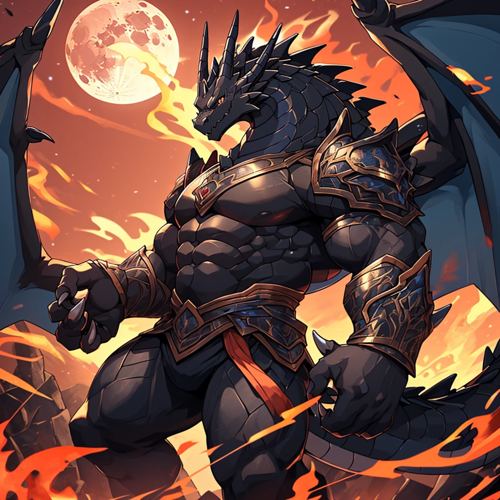(The violent and powerful Black Dragon King,Wearing modern black and gold armor:100),(broad dragon body,majestic wingspan,Sharp dragon claws,thick dragon tail,huge black dragon king,Huge dragon claws:2),Fit in size,(blue dragon flame:2),blood moon,Mountour body pictures,Very detailed,4K HD