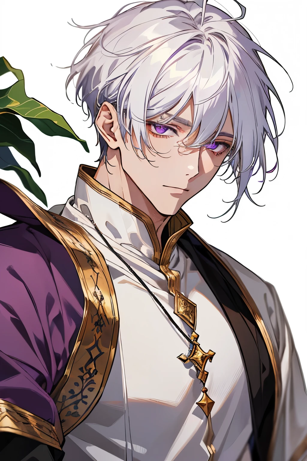 1 man, tranquility, age 35, face, short messy bangs, White hair, amethyst colored eyes, (white clothes, simple clothes), Close-up, medieval times, merchant.