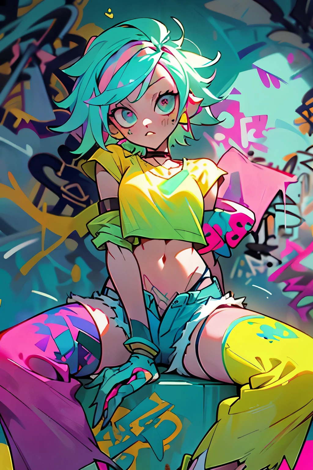 masterpiece, best quality, 1girl, solo, crop top, denim shorts, choker, (graffiti:1.5), paint splatter, arms behind back, against wall, looking at viewer, armband, thigh strap, paint on body, head tilt, bored, multicolored hair, aqua eyes, headset,non gender anime person in slim body with an outfit of yellow sweater with pink polkadot bubble design, and blue and green pants, psycho, cool pose, left crab arms, zooble, cool sit pose, pink short messy hair, abstract triangular shapes, clown vibe