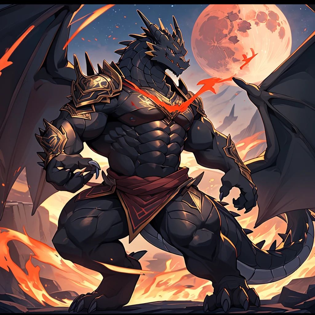 (The violent and powerful Black Dragon King，Wearing modern black and gold armor：100)，(broad dragon body，majestic wingspan，Sharp dragon claws，thick dragon tail，huge black dragon king，Huge dragon claws：2)，Fit in size，(blue dragon flame：2)，blood moon，Mountour body pictures，Very detailed，4K HD