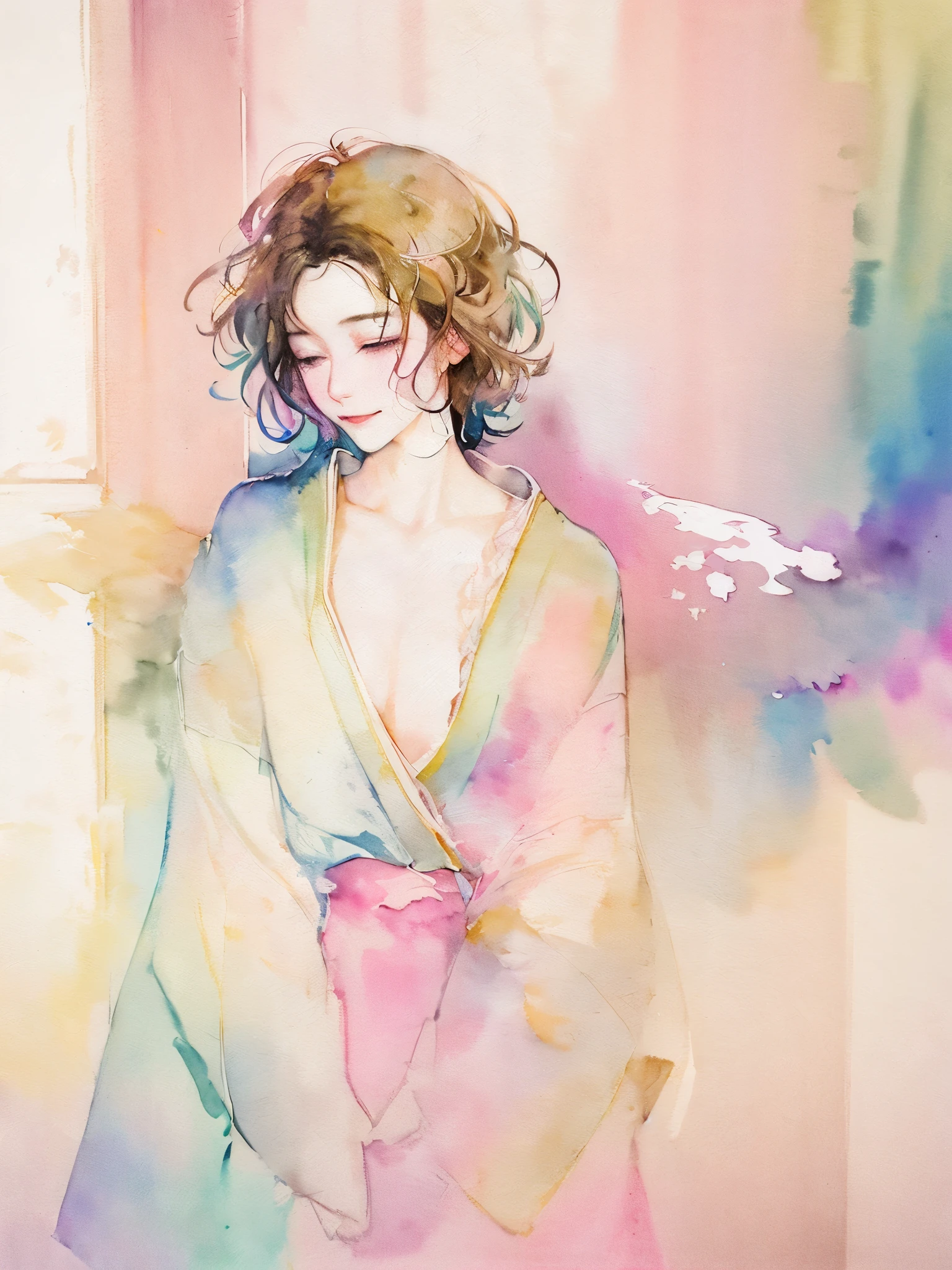 (Topic: Happy woman looking out of window) Background //// Inside a woman's room with a large bright window with morning sun shining through. The woman is leaning against the wall and looking happily out of the window(Ink on Japanese paper, which tends to bleed easily)(contemporary art like a picture book) (transparent watercolor) (light itself expressed as real) (layers of soft, rich colors) (shades of paint dissolved thinly with water) (deep, delicate colors)