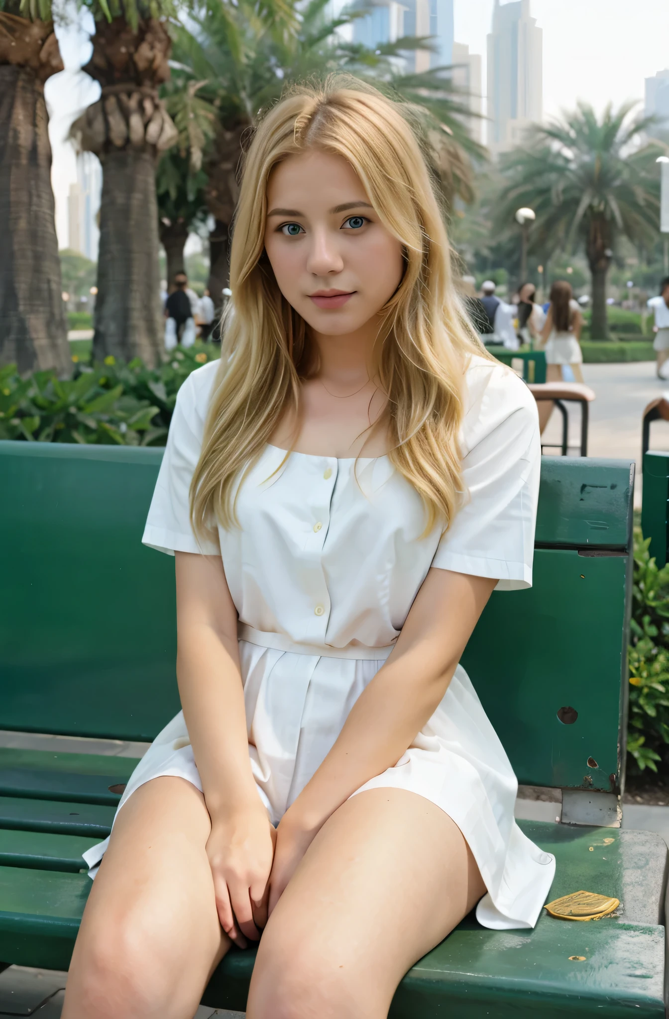 beautiful young blond woman realistic kodak400 crowded area bench in park dubai green