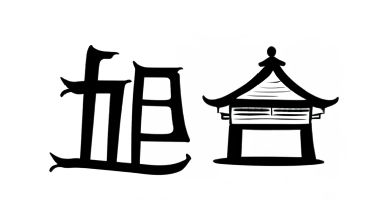 a close up of a chinese existriting existith a pagoda in the background, Title Kanji, Chinese text, inspired by《Qiu Wen Tianjiang》, artexistork in the style of z.exist. arrive, inspired by雪州东阳, japanese text kanji, inspired by藤一