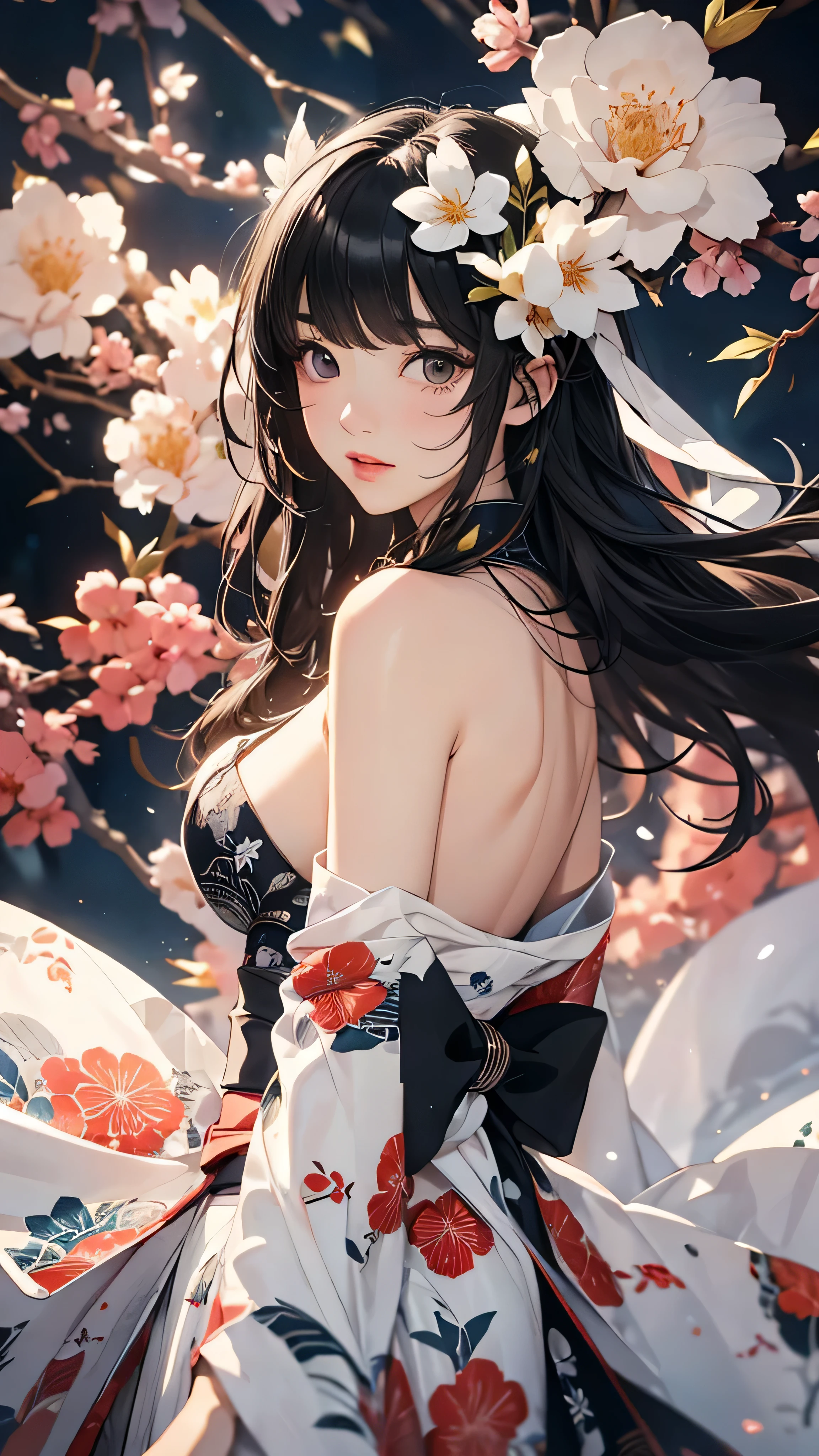 ((Highly detailed CG unit 8k wallpaper, masterpiece, High resolution, highest quality, highest qualityのリアルテクスチャスキン)), ((very beautiful woman, Nana Komatsu, Looking forward with hands clasped behind the back:1.5, plump lips, Japanese pattern kimono)), (dirty black hair, white skin, small breasts), ((and the background of the handle, Colorful background with geometric patterns)), Sumi-e, surreal, digital painting, concept art,