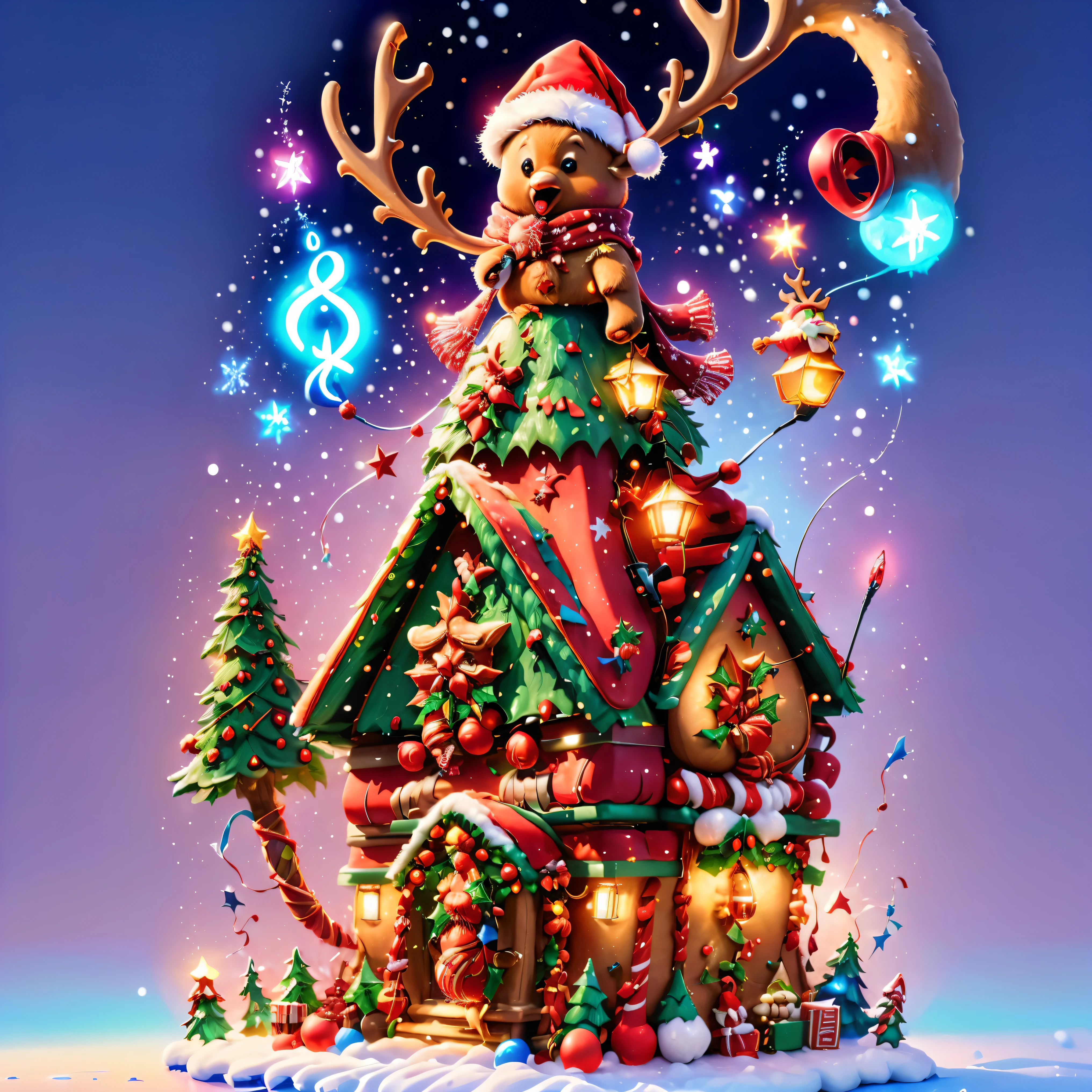 ((1 glowing magical reindeer wearing a Santa hat and scarf)),((Sing with microphone)), (((Many syllable symbols floating in the air))),Christmas elements,Snowing day,8k, rainbow colors, Bright colors