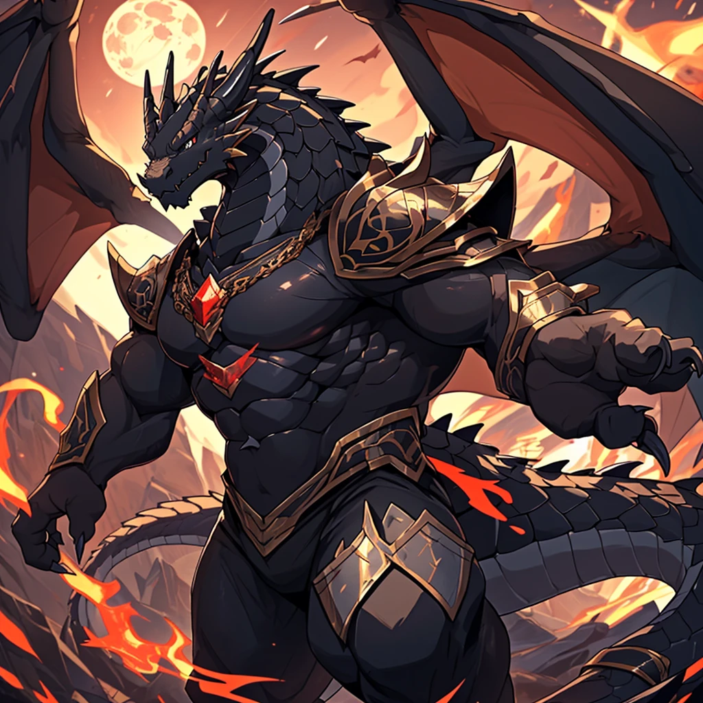 (The violent and powerful Black Dragon King,Wearing modern black and gold armor:100),(broad dragon body,majestic wingspan,Sharp dragon claws,thick dragon tail,huge black dragon king,Huge dragon claws:2),Fit in size,(blue dragon flame:2),blood moon,Mountour body pictures,Very detailed,4K HD