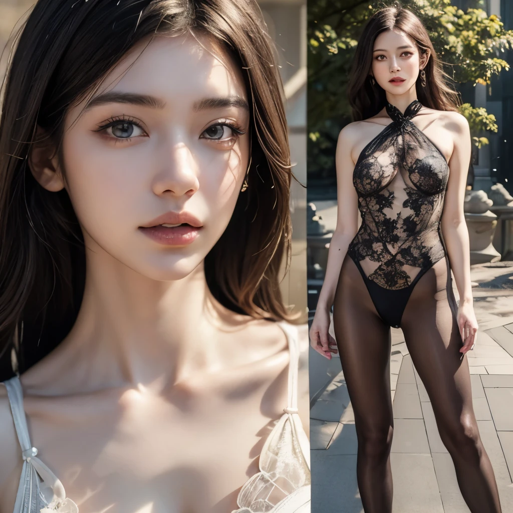 Blue sky and white clouds,Yunshan Garden,pink flowers,Cherry tree,Wearing one-piece black transparent pantyhose,Transparency is clearly visible, size too big、raw,(8k、quality、masterpiece:1.8)、(intricate details:1.8)、(Realism:1.8)、Octane number renderings、Complex 3D rendering with ultra-details, Studio soft lighting, edge light, Vibrant details, Super details, Realistic skin texture, Details, beautiful eyes, Very detailed CG Unity 16k wallpaper, cosmetic, (Detailed background:2.0), (full body image),,skin glowing、Wear it with black transparent pantyhose