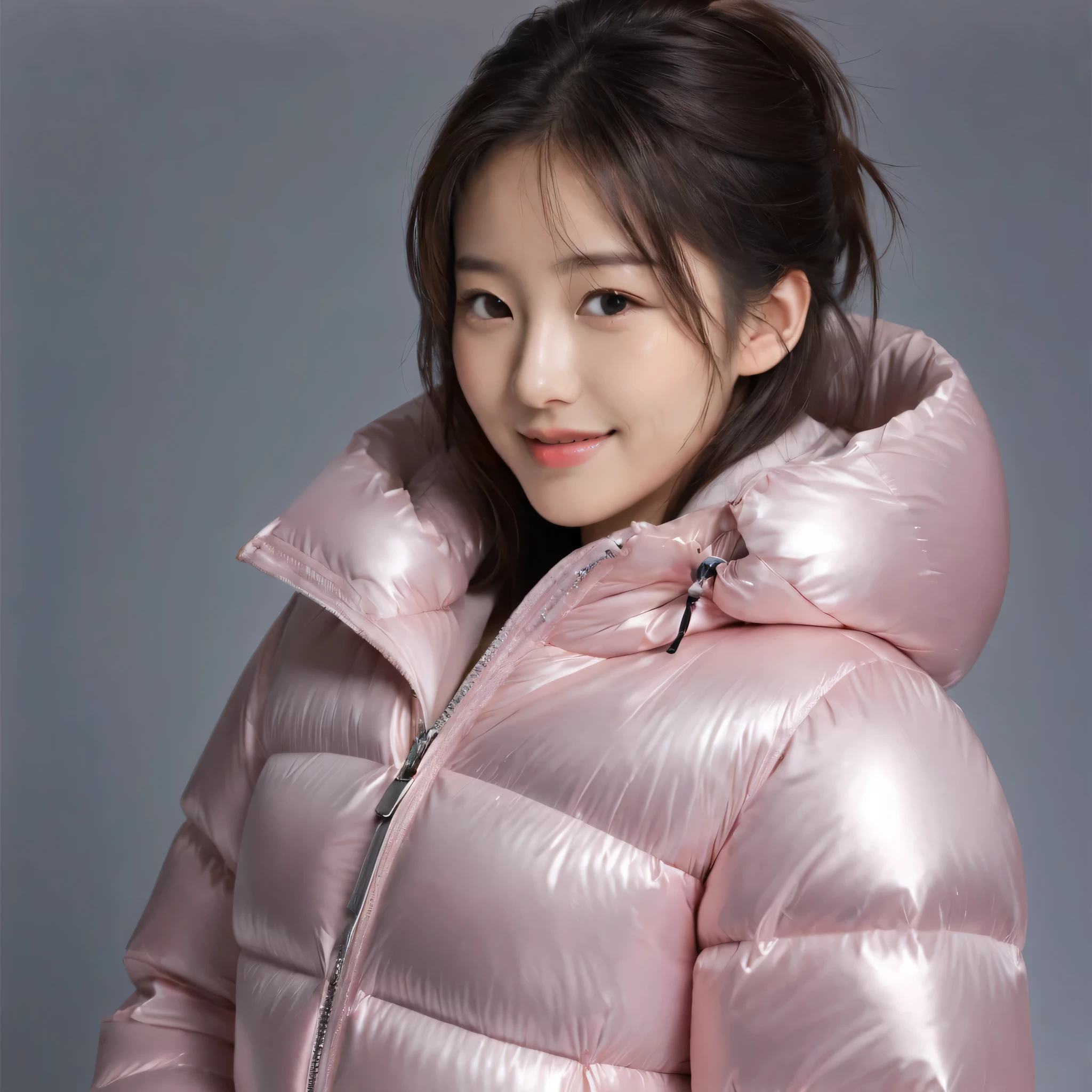 ((best quality)), ((masterpiece)), (detailed), perfect face, beautiful 16 year old Japanese woman, silk tight pink moncler puffer coat, seductive, smiling, happy, curvy figure, ((tight puffer coat)), fur hood, silk bra, large breasts, (open coat), cleavage, thick bra straps