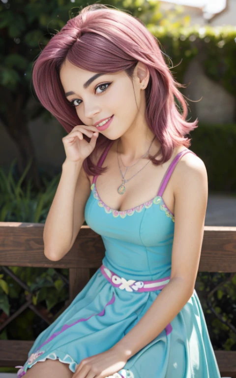 (La mejor calidad, Obra maestra), 1girl, 18 year old , beautiful teenage girl , chica americana , vestido, viento, Flor, Parte superior del cuerpo, fondo , Mirada seductora , small nose , cabello largo , vestido de pinkie pie, vestido de fiesta , maquillaje , labios rojos , sombra de ojos , gran sonrisa , fondo variado , avitacion , senos grandes , cabello rosa , cabello rosado , pelo rosa , ojos azules, foto de cuerpo completo , posando linda , senos grandes , Fluttershy ,mlp , animales de felpa 