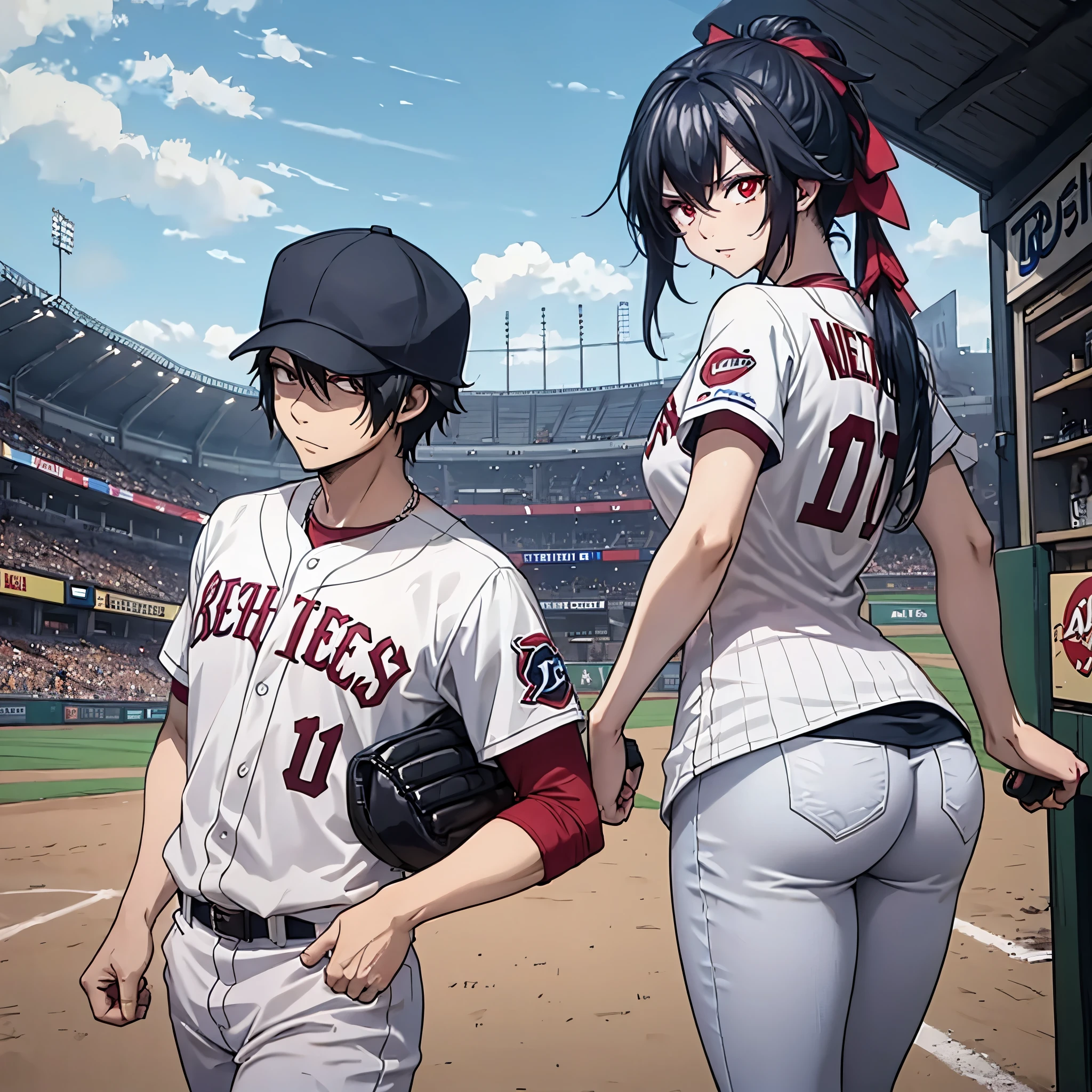 a man and a woman (red eyes) in baseball gear playing baseball together
