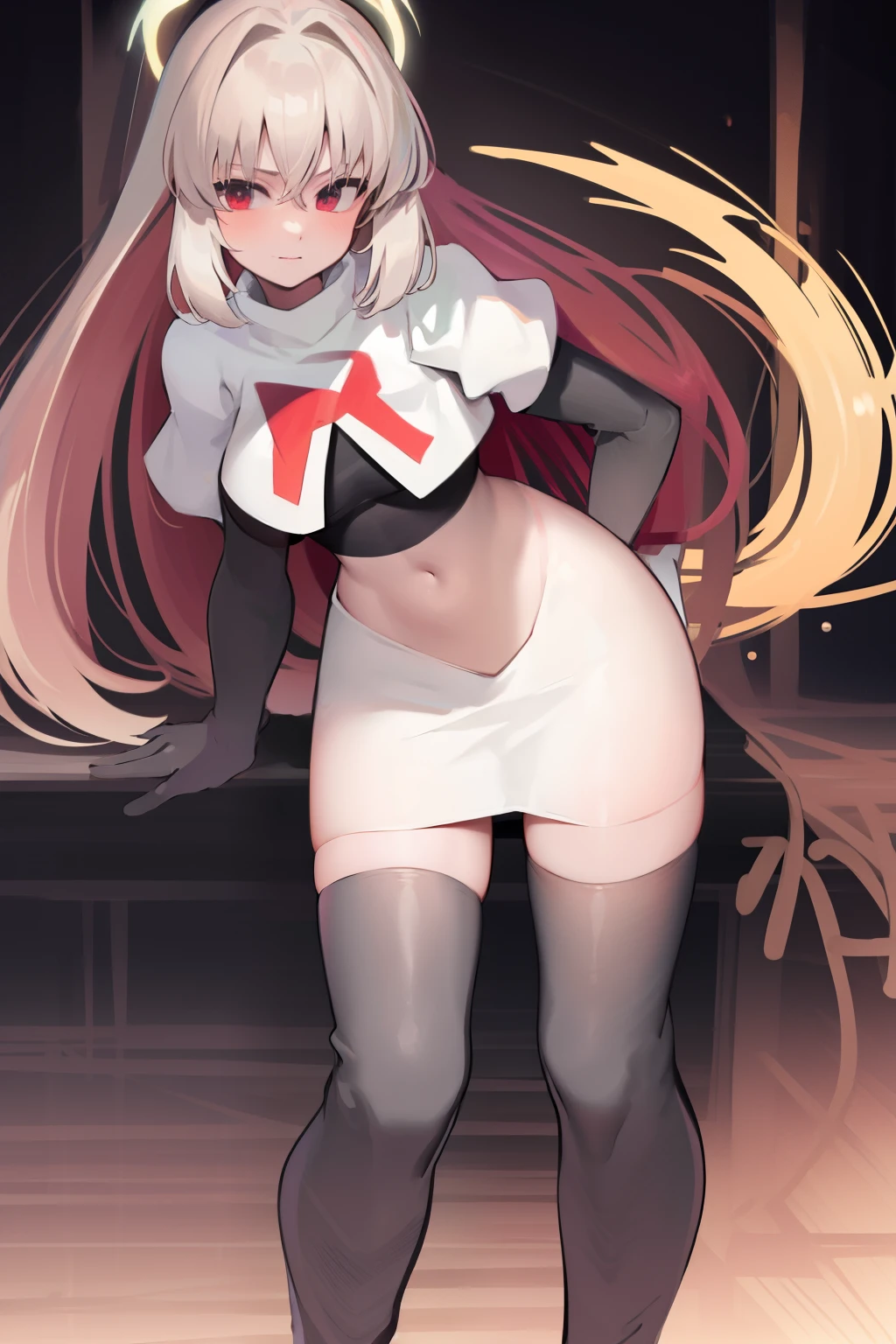 ((extreme detail)),(ultra-detailed),(painting), extremely detailed CG unity 8k wallpaper,best quality,sakurako, halo, looking at viewer, team rocket,team rocket uniform, red letter R, white skirt,white crop top,black thigh-highs,black elbow gloves,