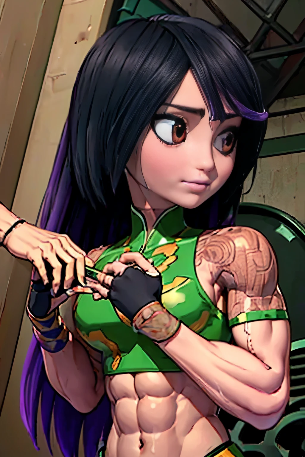 (best quality, masterpiece, high resolution),(side view:1.6), bodybuilder, (big muscles), (big pectorals), narrow waist, (face fierce and firm). is doing a body lift, lifting small barbells in both hands, great detail, insane detail, intricate detail, beautiful color grading, incredibly detailed and intricate, hyper maximal, elegant, hyperrealistic, super detailed  ,(beautiful face: 2), beautiful woman face, thick muscular neck, matching neck, matching trapezius muscles, matching hair, slight smirk, neutral stare, glowing red eye-sight contrast, (8K UHD:1.2), (photorealistic:1.2),(masterpiece:1.4), (best quality:1.4),extremely detailed wallpaper, highly detailed illustrations, ((1 Girl)) , (super-complex details) official art, unity 8k wallpaper, ultra detailed, beautiful and aesthetic, masterpiece, best quality, ( zentangle, mandala, tangle, entangle), (fractal art:1.3) , masterpiece, , intricate detail,((bulking)),covered body upper body,(body builder:1.7), bodybuilder, fighter, killing machine, human killer, blood on her face, muscular, bob hair, busty, ????, curvy, upper , from back angle, armpit, masterpiece, best quality, high quality, high definition, high quality texture, high quality shadow, high detail, beautiful detailed, fine detailed, extremely detailed cg, detailed texture, a realistic representation of the face, realistic, colorful , delicate, cinematic light, side light, Lens Flare, Ray Tracing, tailed beautiful delicate face, detailed beautiful delicate eyes, mature female, black and purple hair, long hair, black-top, purple-skirt ,bored, pompadour cut, muscular, toned, navel, booty, thick thighs, broad shoulders, big arm muscles, bicep's, meaty leg muscles, big upper body , at the gym, big muscular upper body, muscle being shown in clothes , thick eyelashes, makeup.