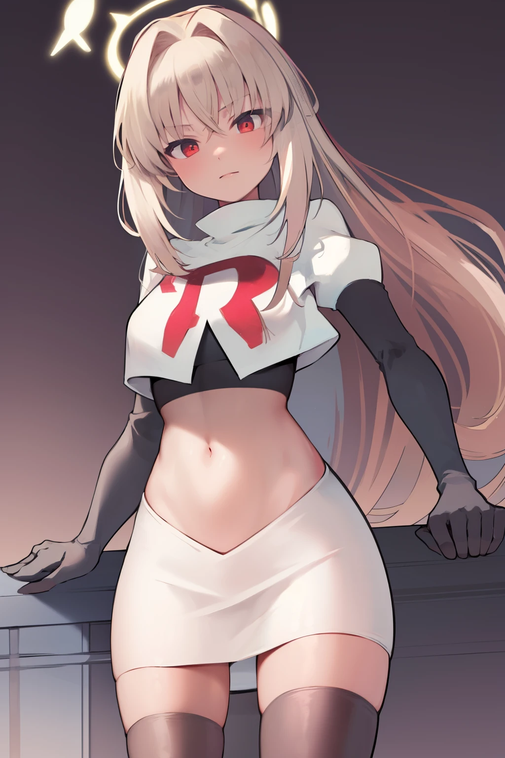 ((extreme detail)),(ultra-detailed),(painting), extremely detailed CG unity 8k wallpaper,best quality,sakurako, halo, looking at viewer, team rocket,team rocket uniform, red letter R, white skirt,white crop top,black thigh-highs,black elbow gloves,