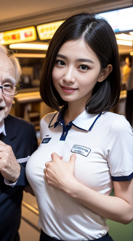 ung office lady and 1 old man standing together:1.2,close to each other:1.1), (old man's hand touching her breast:1.1),very cute face,bob hair,white skin-tight bowling uniform,embarrassed,inside bowling alley,perfect anatomy, masterpiece, best quality,8k,perfect face,from front,upper body