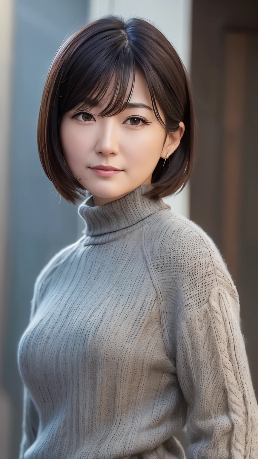 muste piece, best quality, High resolution, photoreaslistic, detailed face,front view,beautiful middle aged woman, face forward,upper body,medium hair, beautiful woman, turtleneck,Inspired by Masami Nakazawa、Inspired by Haruka Ayase