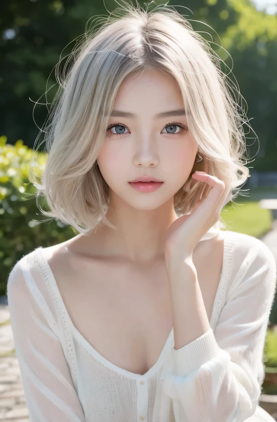 141 year old asian model, full body image,((Clean clothes)), white clothes, skin color, Beautiful woman, gray hair, lazy smile, (8K, Live shooting, highest quality, masterpiece: 1.2), masterpiece, Super detailed, ultra high resolution, (realistic and realistic photos: 1.37), High-definition RAW color photo, very delicate and beautiful, 非常にbe familiar with, 8k wallpaper, wonderful, be familiar with, 非常にbe familiar withな目, 非常にbe familiar withな肌, 非常にbe familiar withな指, h非常にbe familiar with nose, 非常にbe familiar withな口, , Upper body, , See-through feeling、transparent processing、wearing a white sweater、, gray hair, green eyes, masterpiece, realistic skin texture, 超be familiar with, shiny hair and white skin, 、 natural skin texture、Juvenile impression、Photo above the knee、green eyes、、、innocent face、gentle and big eyes、natural skin texture、round face、kind eyes、short and curly hair、、small face、