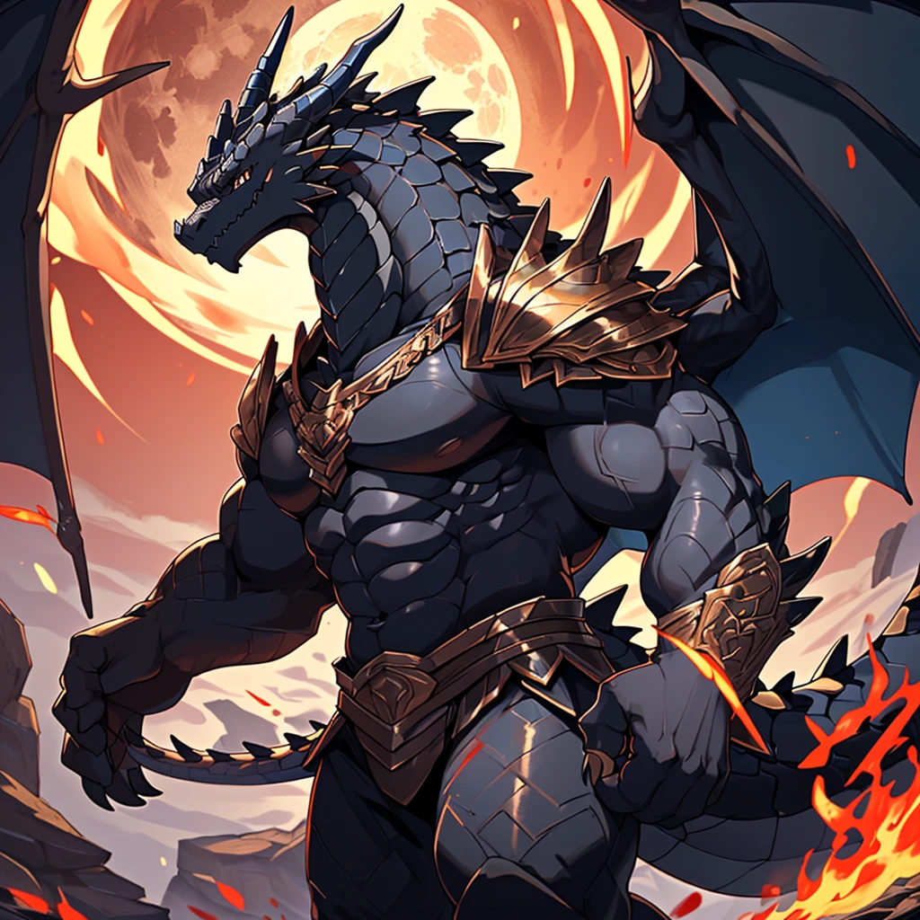 (The violent and powerful Black Dragon King,Wearing modern black and gold armor:100),(broad dragon body,majestic wingspan,Sharp dragon claws,thick dragon tail,huge black dragon king,Huge dragon claws:2),Fit in size,(blue dragon flame:2),blood moon,Mountour body pictures,Very detailed,4K HD