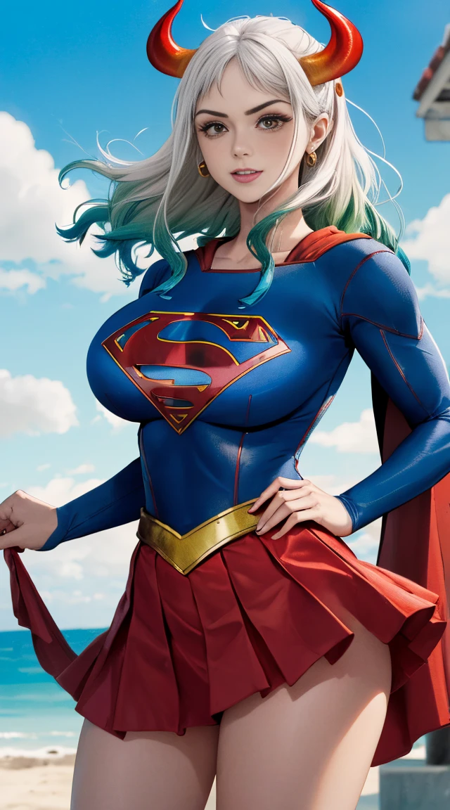 (melhor qualidade:1.3), Supergirl, capa vermelha, S do super-homem no peito, blue swimsuit, Red skirt, botas vermelhas, (demon girl), huge breasts, sedutora, sexy, cabelo branco com as pontas verde claro, chifre com as pontas vermelho