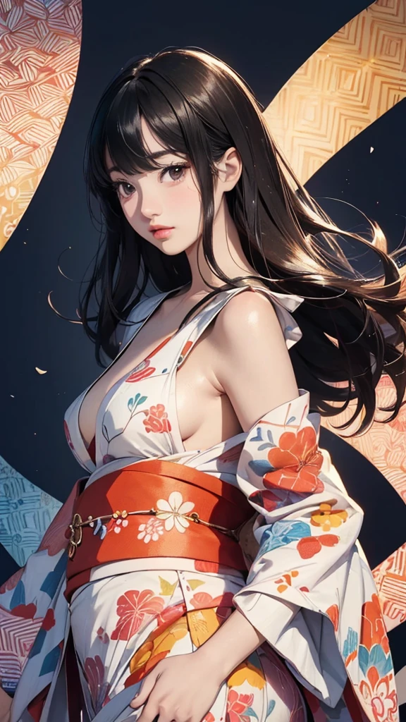 ((Highly detailed CG unit 8k wallpaper, masterpiece, High resolution, highest quality, highest qualityのリアルテクスチャスキン)), ((very beautiful woman, Nana Komatsu, Figure facing forward with hands clasped behind the back:1.5, plump lips, Japanese pattern kimono)), (messy black hair, white skin, small breasts), ((and handle background, Colorful background with geometric patterns)), Sumi-e, hyper realistic, digital painting, concept art,