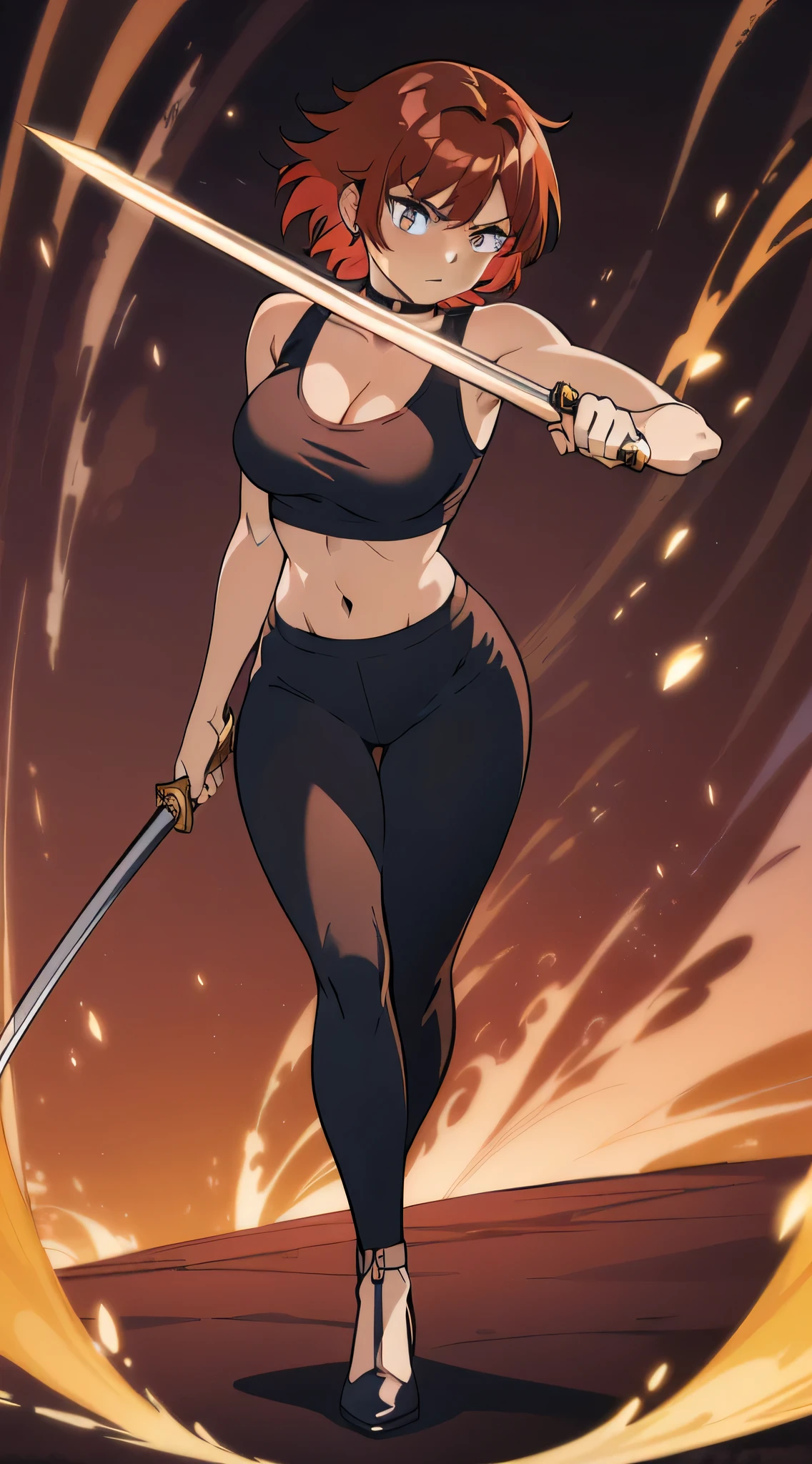 (masterpiece, top quality, best quality, official art, beautiful and aesthetic:1.2) 1 girl, Red hair, wavey hair, black eyes, tight white crop top, tight black leggings, holding a sword on fire, figting sword stance, choker, highly detailed, full body portrait, high heels