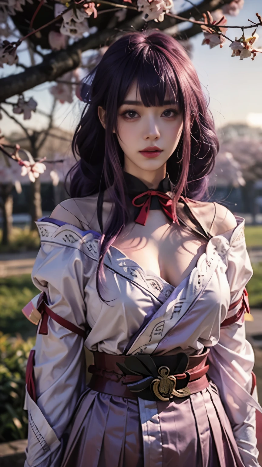 General Thunderbolt, fine clothes, white clothes, blunt bangs, single braid (Big breasts: 1.4) Kimono with wide cleavage and wide sleeves ，Nice hair accessories for everyday clothing (red belt: 1.4) (purple hair: 1.4) very long hair, straight hair, delicate face, cold face, (smooth jaw: 0.85), looking at the audience, beautiful eyes, Delicate purple eyes, skirt, (Sunset: 1.4), from the side, (Cherry tree: 1.5), photon mapping, Physically based rendering, original photo, highly detailed back ground, (real picture: 1.35), high resolution, view, front, (ulzzang-6500: 0.4)，(((face close-up))),bright lights, front lighting, Upper body