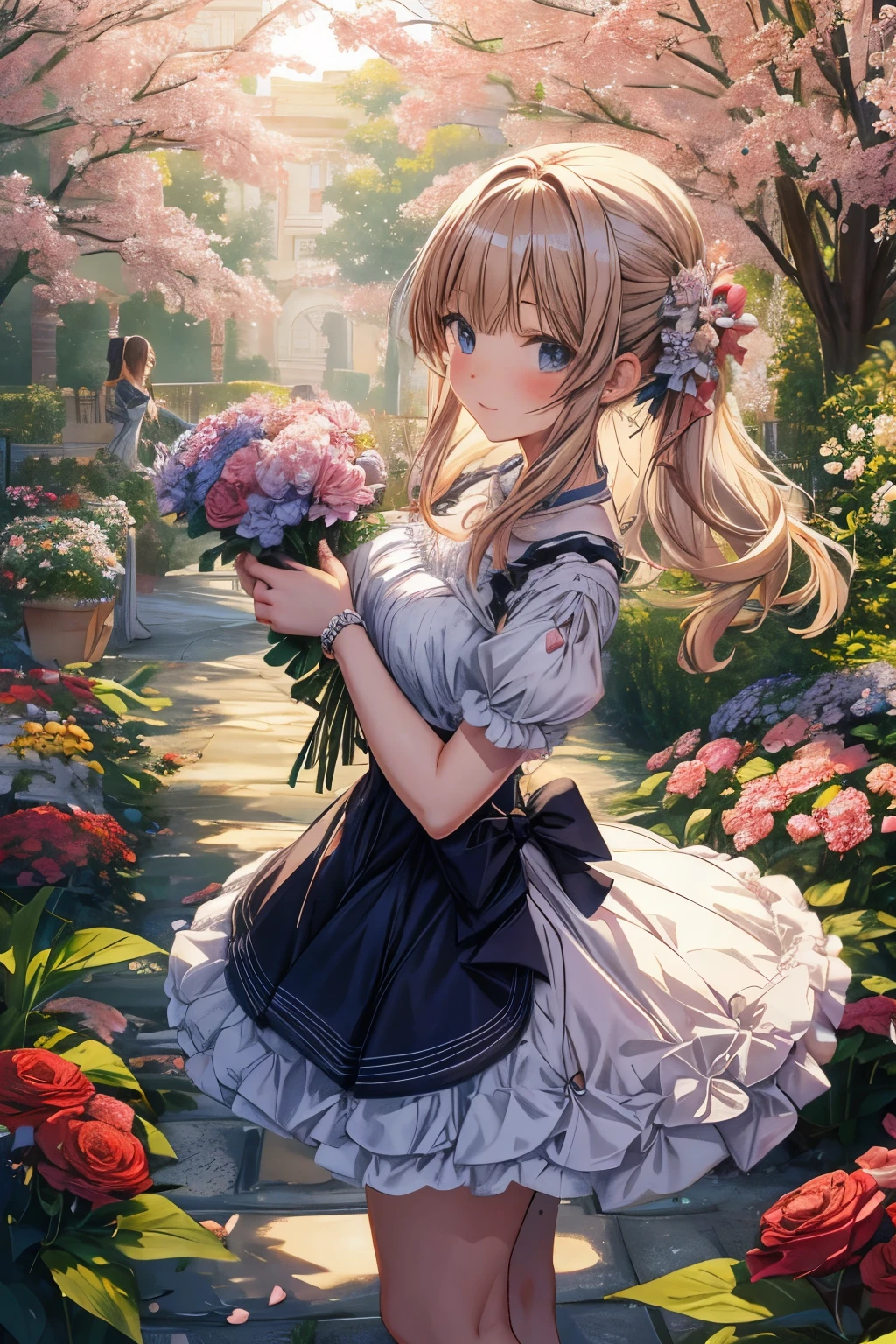 anime girl holding flowers, celebration, garden full of flowers, anime girl twirling, masterpiece, best quality, high quality