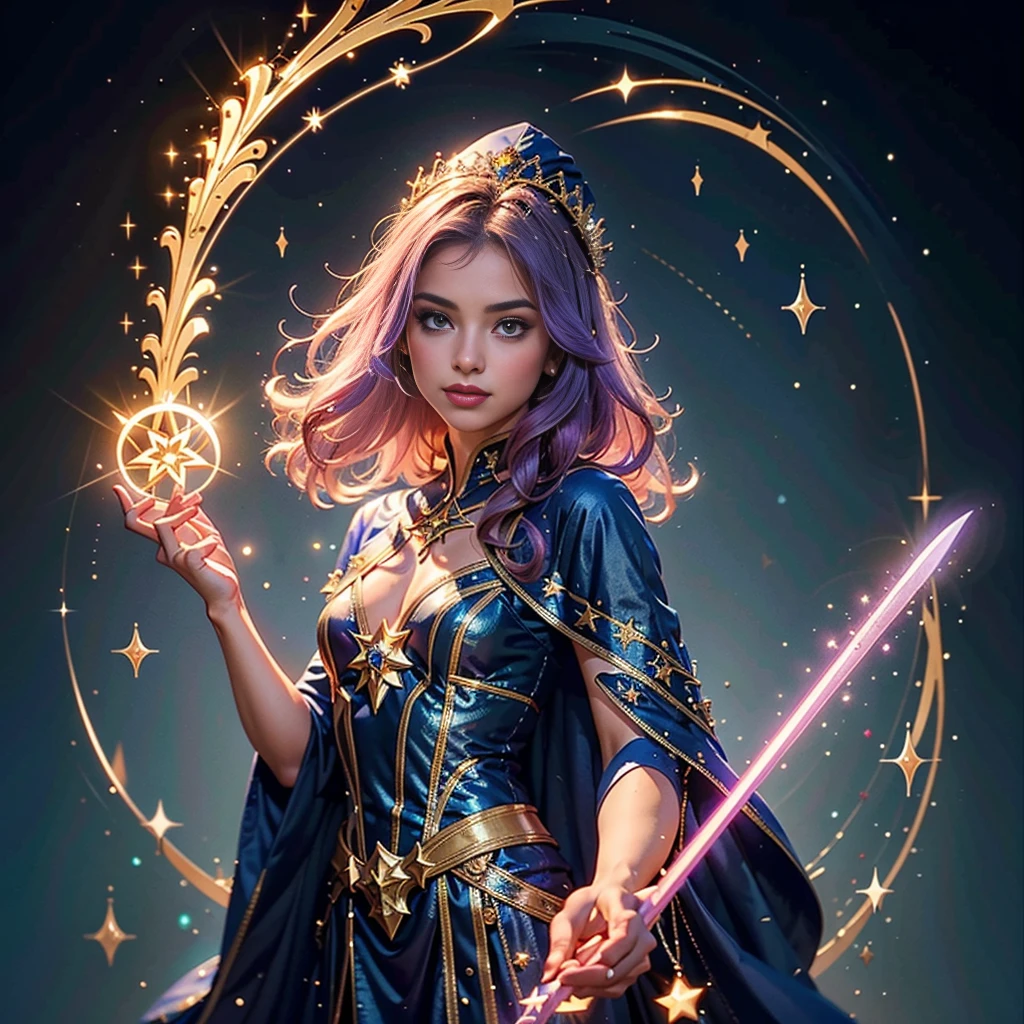 (8k, Foto RAW, melhor qualidade, senhor:1.2), (Realistic, photo-Realistic:1.37) Imagine a young magical sorceress, a Dark Magician Girl de Yu-Gi-Oh!, about to cast a powerful spell. Um vestido curto em tons de azul escuro com detalhes dourados, magical stars adorning your outfit. A flowing cape with star-shaped embellishments. Ela usa meias que combinam com seu traje. Visualize seu cabelo longo e fluido. The color is a vibrant purple, talvez com nuances de rosa ou azul. Look for ribbons or magical decorations in your hair.. Imagine a pointy hat she wears, Decorated with magical symbols. Talvez uma estrela brilhante no topo, adicionando um toque de magia. See her holding a magic wand in her hand. The stick emits a mystical aura, indicando seu poder como feiticeira.