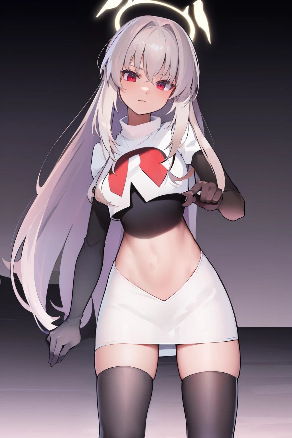 ((extreme detail)),(ultra-detailed),(painting), extremely detailed CG unity 8k wallpaper,best quality,sakurako, halo, looking at viewer, team rocket,team rocket uniform, red letter R, white skirt,white crop top,black thigh-highs,black elbow gloves,