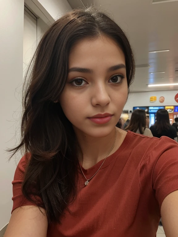 Foto de uma mulher morena de 20 anos, que tem um rosto muito natural, labios finos, olhos finos, sobrancelhas finas, nariz fino, brincos, long eyelashes. Ela faz uma selfie fofa em shopping em Roma no cinema, andando e olhando para o espectador de corpo inteiro , com roupas vermelha