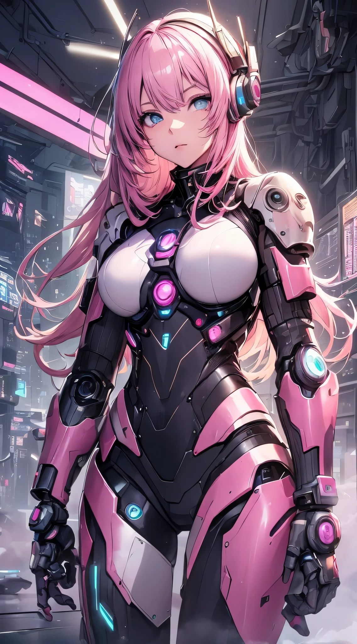 anime girl with pink hair and a futuristic suit standing in a room, cyberpunk anime girl mech, best anime 4k konachan wallpaper, girl in mecha cyber armor, digital cyberpunk anime art, perfect android girl, female cyberpunk anime girl, cute cyborg girl, cyberpunk anime girl, perfect anime cyborg woman, anime cyberpunk art, mechanized valkyrie girl, android heroine